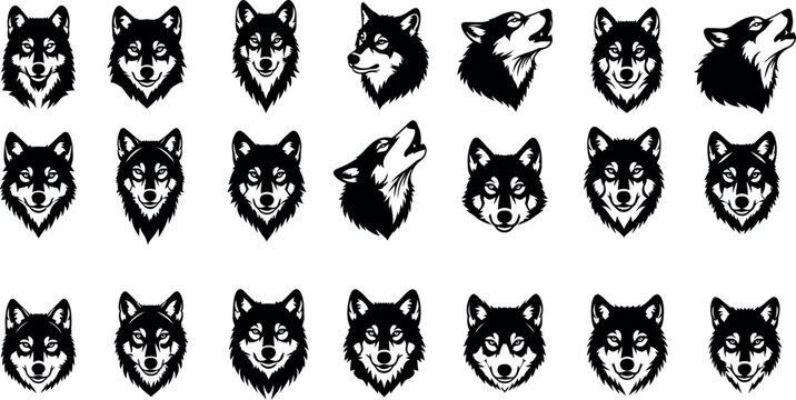 Collection of various wolf head silhouettes and profiles