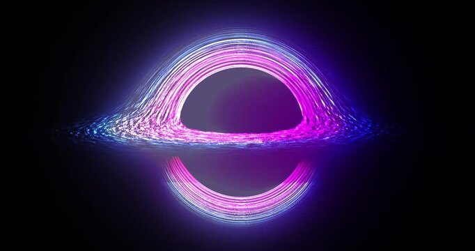 Futuristic neon black hole with purple and blue glowing accretion disk in deep space.