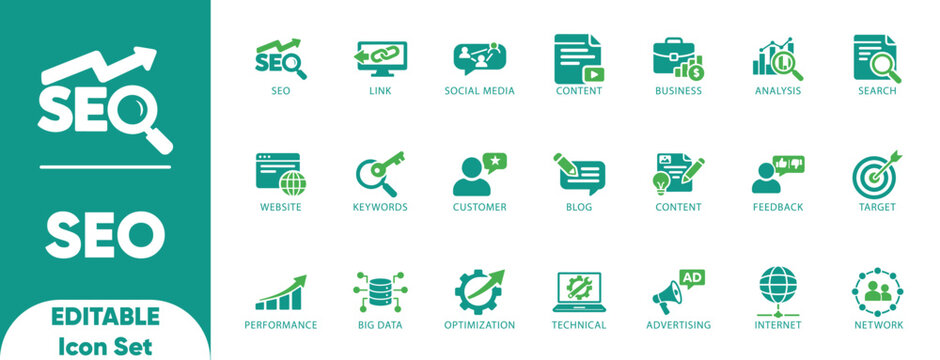 SEO editable Icon Set. improvement, feedback, marketing, link, optimization, performance, and solid vector icons.