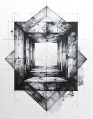 A grayscale geometric hallway with a star-shaped frame