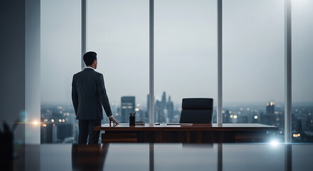 Fototapeta premium Man in suit standing alone in modern office space looking out at cityscape through large windows at dusk or dawn viewpoint