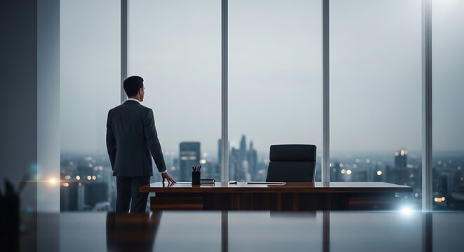 Man in suit standing alone in modern office space looking out at cityscape through large windows at dusk or dawn viewpoint