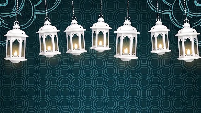 Decorative hanging lanterns with glowing candles against a patterned background.