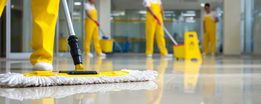 Cleaning service janitor mop floor uniform teamwork office hygiene safety sign corridor professional cleaning crew working cheerfully shiny office