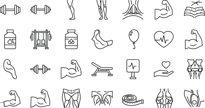 Muscle Anatomy and Fitness Icon Set Featuring Biceps, Leg Muscles, Dumbbell, Supplement Bottle, Heart Rate and Workout Equipment Line Vector Collection