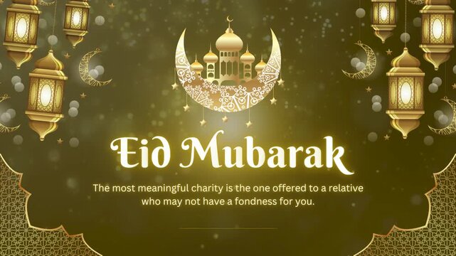 Golden Eid Mubarak Greeting with Meaningful Charity Quote and Islamic Ornaments