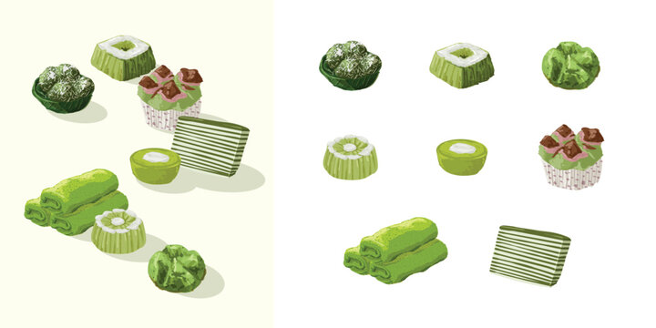 Authentic Asian street food snack icons. Traditional dessert elements green pandan themed steamed cakes and rolls with coconut toppings, isolated design elements for menu, food branding, culinary