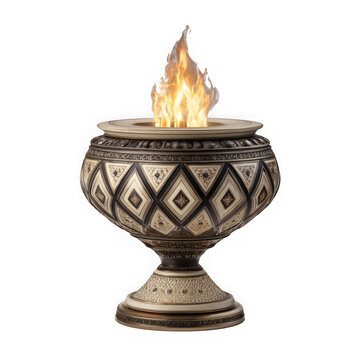 Ornate ancient Greek ceremonial torch with eternal flame, on a pedestal isolated on white background. isolated on transparent background