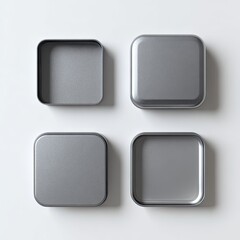 Four matte grey square containers with rounded corners, two open, two closed