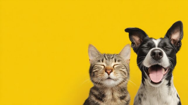 Veterinarian banner with pets, happy fluffy dogs and cat in veterinary clinic. Medical care for domestic animals