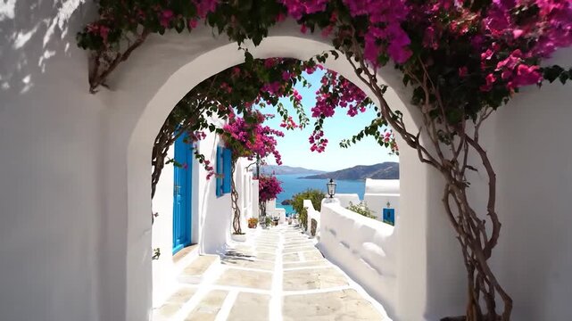 Charming white washed village street with vibrant bougainvillea flowers