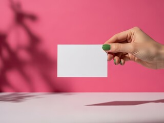 Hand holding a white card against a pink background with shadows