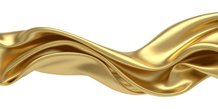 Luxurious flowing gold fabric wave, isolated on white, representing wealth, elegance, and success.