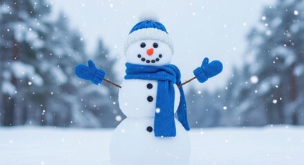 Fototapeta premium Cheerful snowman wearing a blue scarf and hat, standing in a snowy forest during snowfall