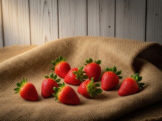 Fresh strawberries on a burlap cloth with a rustic wooden background