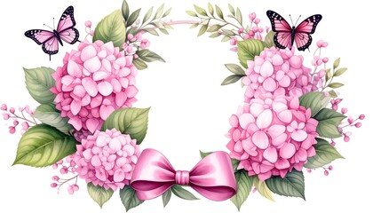 A floral wreath with pink hydrangeas and butterflies (2)