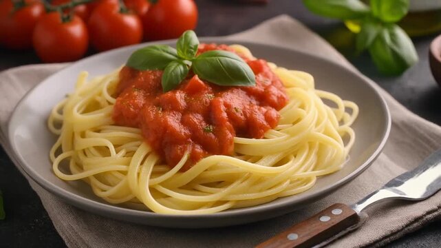 A plate of spaghetti with rich tomato sauce and basil garnish, set on a cloth. Fresh tomatoes are in background. A fork lays nearby