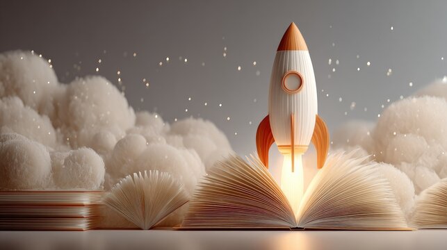 Imaginative Rocket Launching from Open Book Surrounded by Soft Clouds and Sparking Magic Dust