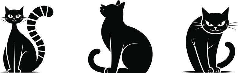 Black cat silhouettes set illustration, cute and mysterious feline icons isolated on white background for Halloween design © MdShafe
