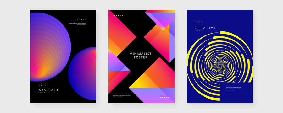 A professional set of three creative posters showcasing glowing concentric spheres, vibrant gradient diamonds, and a dynamic yellow dashed vortex pattern