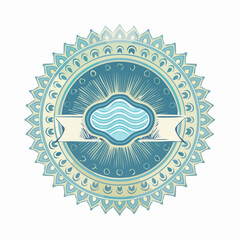 Blue decorative emblem with wavy cloud design and ornate border.