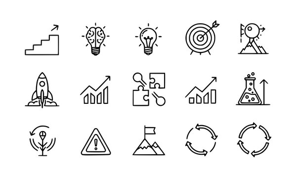 Innovation and Personal Growth Icon Set featuring step by step progress, creative thinking, risk and experiment symbols. Modern, minimal vector icons ideal for coaching, startups, product design, lear