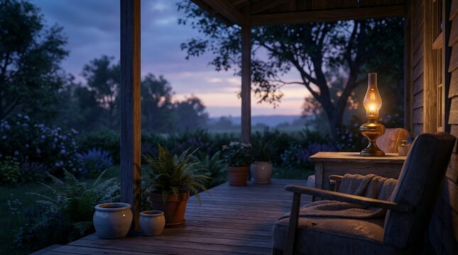 Porch View at Dusk with a Glowing Lamp
