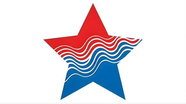 Red and blue star graphic with wavy white lines on a white background, conveying patriotism.