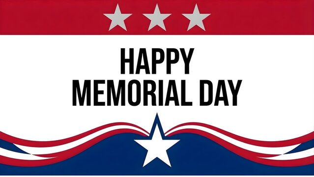 Graphic illustration of a Happy Memorial Day banner with red, white, and blue wavy stripes and stars on a white background.