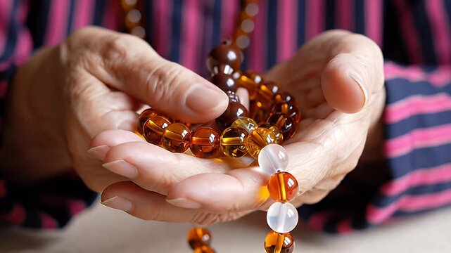 Elderly hands holding a prayer bead necklace close up, offering tranquility and reflection