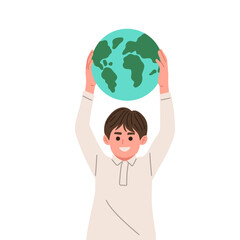 Fototapeta premium Flat vector of people and children holding and hugging planet Earth. Ideal for educational materials, green campaigns, NGO promotions, sustainability projects, social media, poster, environment brand