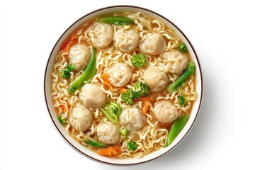 Savory noodle soup with dumplings and fresh vegetables in a bowl