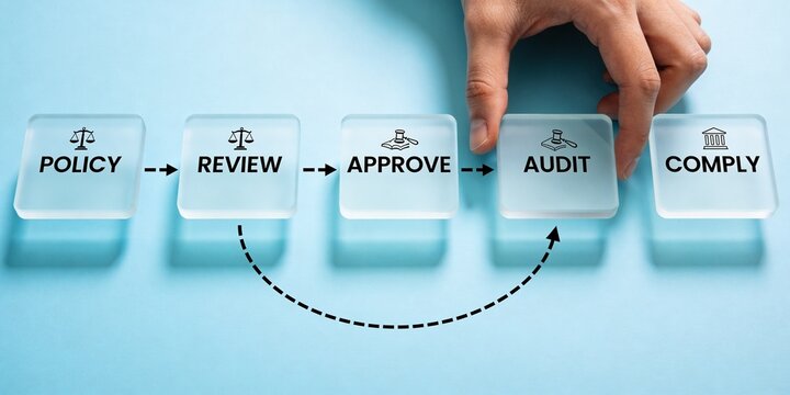 Frosted acrylic tiles policy review approve audit comply flow with audit loop arrow, corporate governance and compliance management background for dashboard with copy space