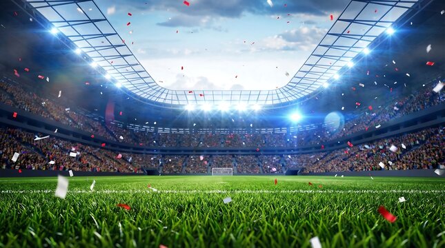 A brightly lit stadium is full of cheering fans, with colorful confetti falling during an exciting sporting event.