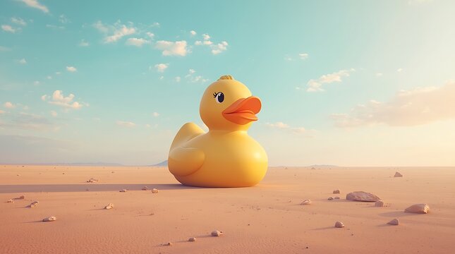 Surreal scene of giant rubber duck floating in desert under pastel sky, whimsical absurd concept, vibrant colors, high detail
