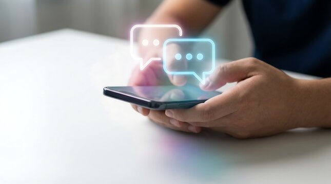 A person's hands hold a sleek smartphone, featuring two prominent, glowing chat bubble icons hovering above the screen, representing instant messaging and digital communication.