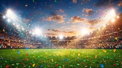 A vibrant football stadium illuminated by powerful spotlights and showering with colorful confetti, celebrating a grand victory or major sporting event at sunset.