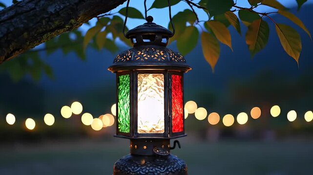 Decorative lantern with Italian flag colors hanging from a tree branch at dusk, with blurred string