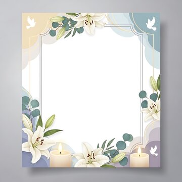 Elegant floral border with lilies, candles, and doves on a decorative background for celebrations