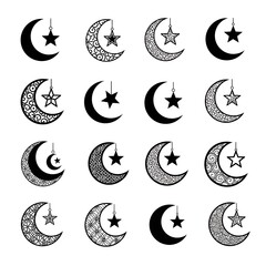 Crescent Moon and Star Symbols Collection.
