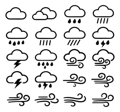 Line art weather icons set featuring clouds, rain, snow, lightning, and wind for forecast applications