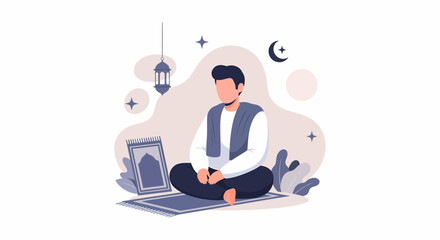 Muslim man praying on a prayer mat during Ramadan.