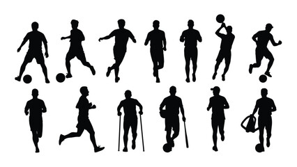 Fototapeta premium Diverse group of people engaged in various sports activities illustrated in black silhouettes isolated on white background, Vector