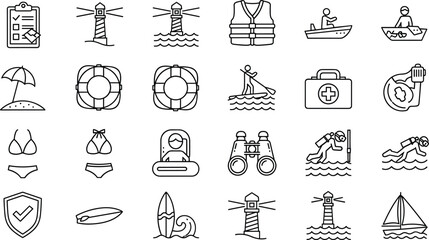 Water Safety and Lifeguard Line Icon Set with Rescue Equipment, Life Jacket, Lifebuoy, Boat, Lighthouse, and Swimming Warning Symbols © Sanjida