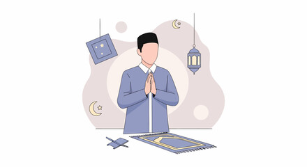Muslim man praying with hands together in traditional pose.