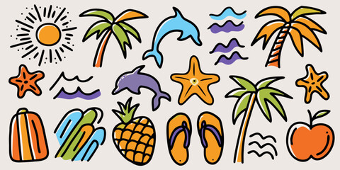 Colorful summer doodles featuring sun palm trees and tropical fruits © Savankar