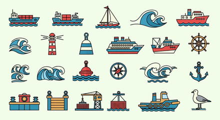 Vector illustration set of nautical birthday icons featuring a cartoon cruise ship, sailboat, and anchor silhouette for a marine themed travel party © Rizky