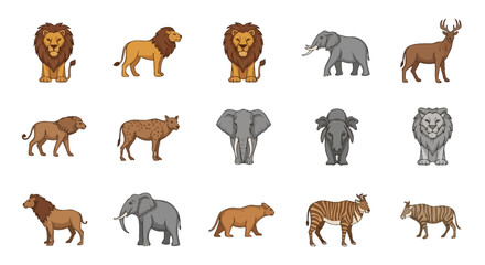 A comprehensive collection of wild animal silhouettes including a lion, tiger, bear, and giraffe featuring black vector illustrations of nature and wildlife mammals