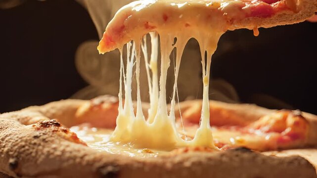 A slice of pizza with melted mozzarella cheese being lifted, showing cheese stretching from the pizza