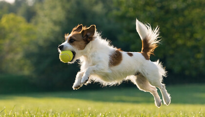 Playful Jack Russell Terrier Catching Yellow Tennis Ball in Sunny Park